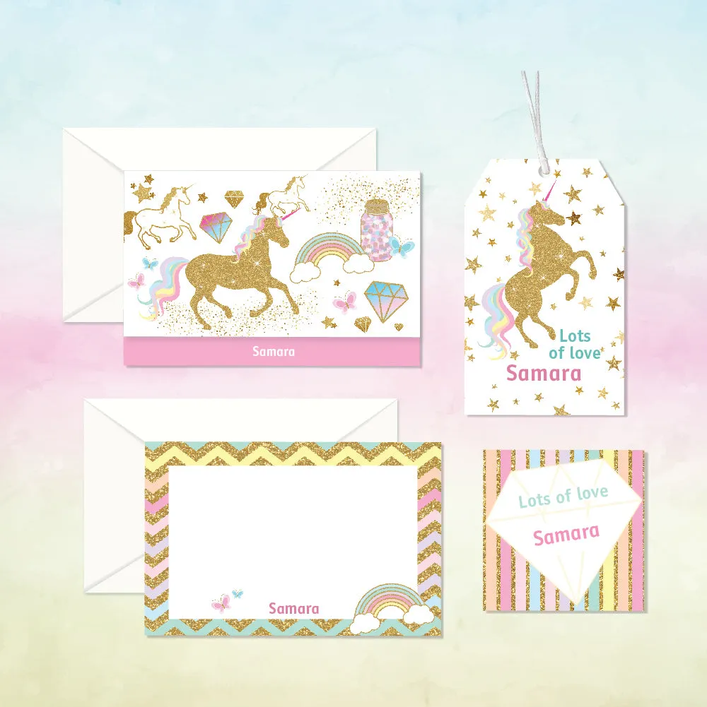 Personalized Stationery Gift Set - Unicorn Glitter, Set of 24 or 48
